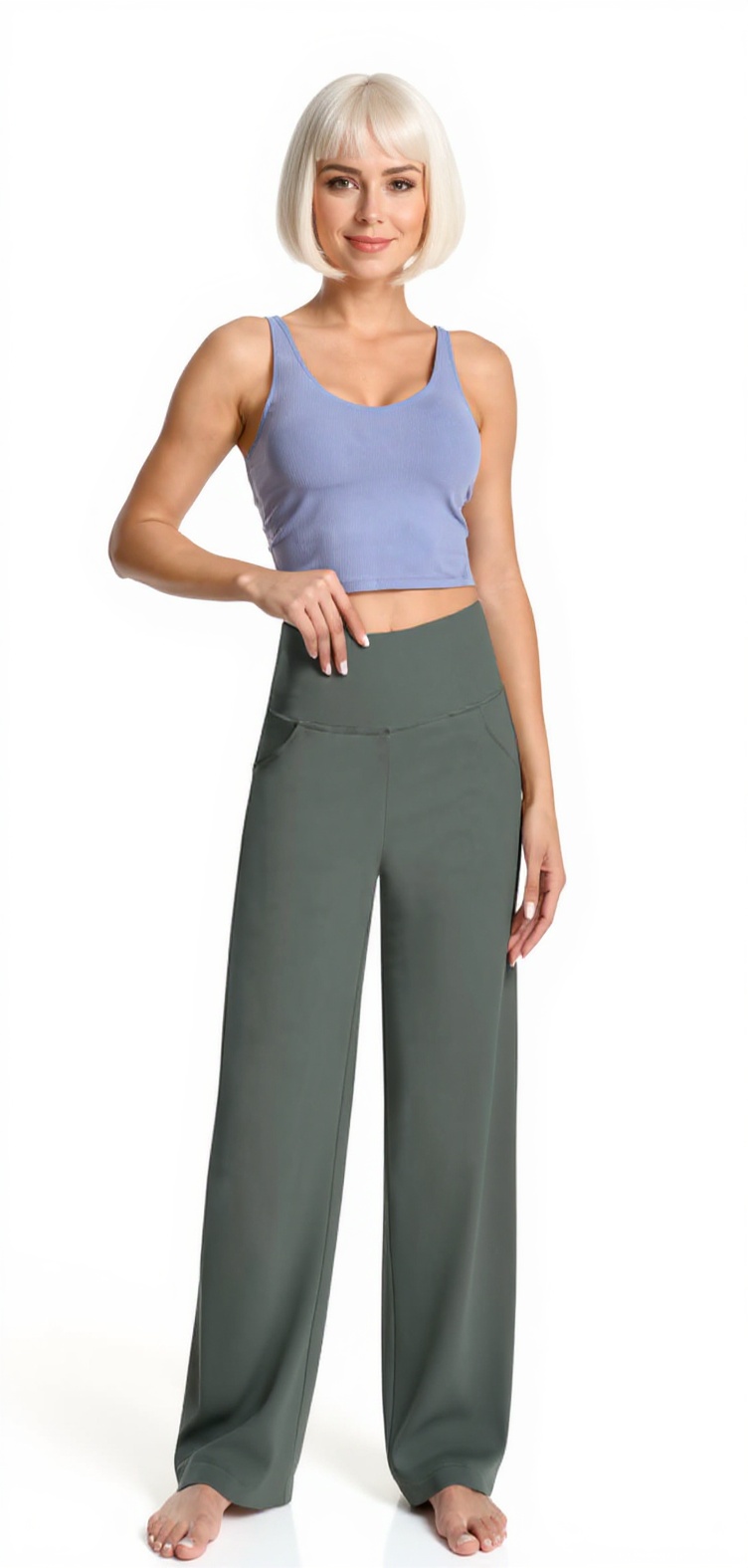 Wide-Leg Yoga Pants in Olive Gray β The Tummy Smooth Edit style look